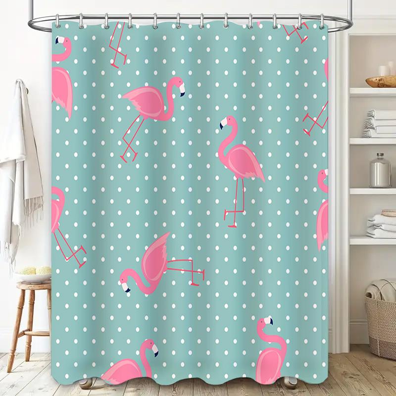 Vintage Flamingo Print Shower Curtain for Bathroom Decor Mint Green with White Polka Dots Pink Birds Pattern 180x245cm Bath Fabr