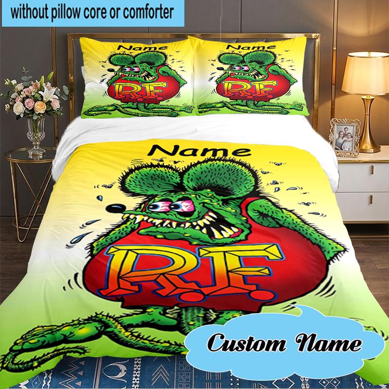 Custom Name Rat Fink Baseball Artwork Bedding Set 3pcs, Bedding Set Including 1pc Duvet Cover And 2pcs Pillowcases for Bedroom, Dormitory Gift