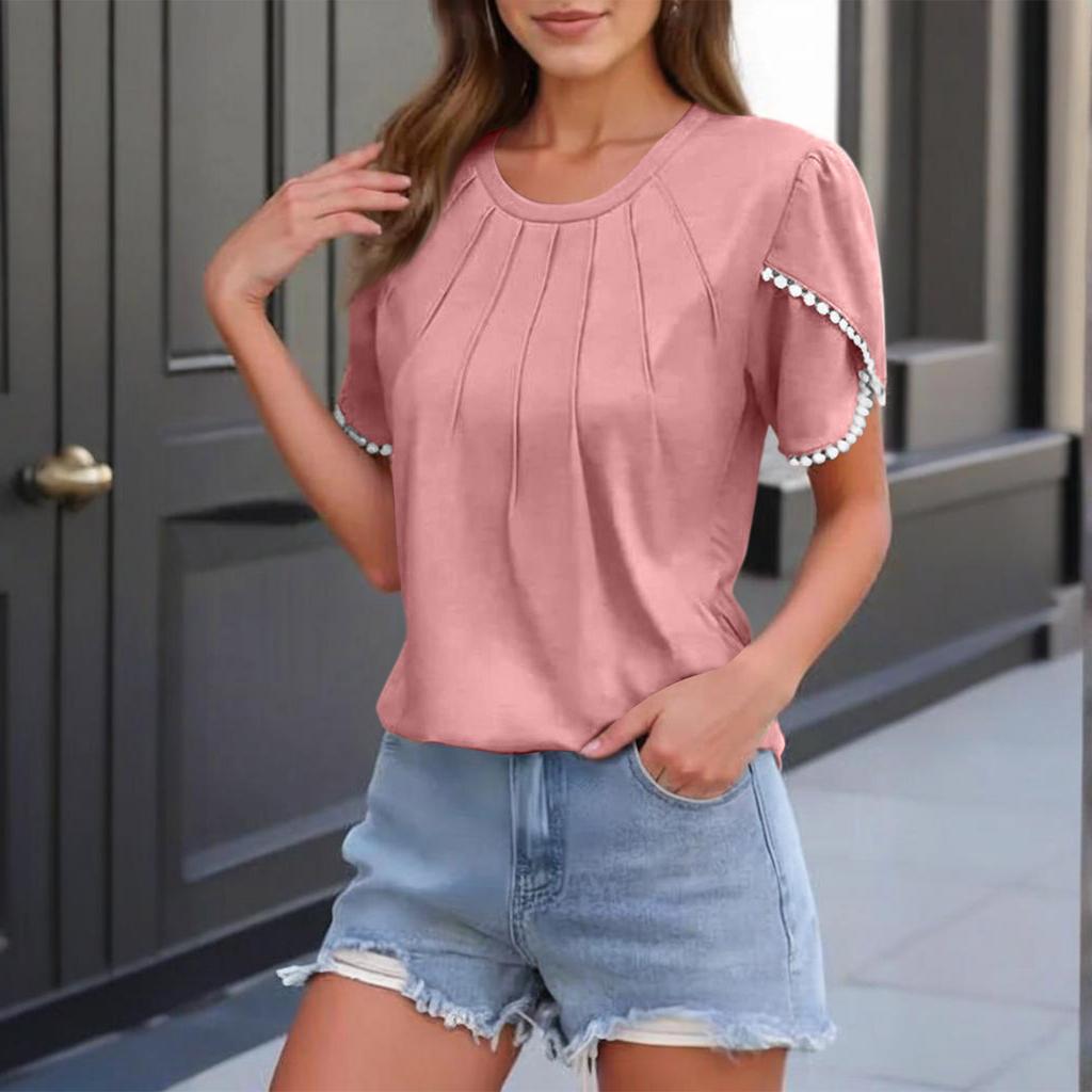 Damen Modisch Lässig Vielseitig Rundhals Einfarbig Pullover Plissee Kurzarm Spitze Lässig T-Shirt Shirt