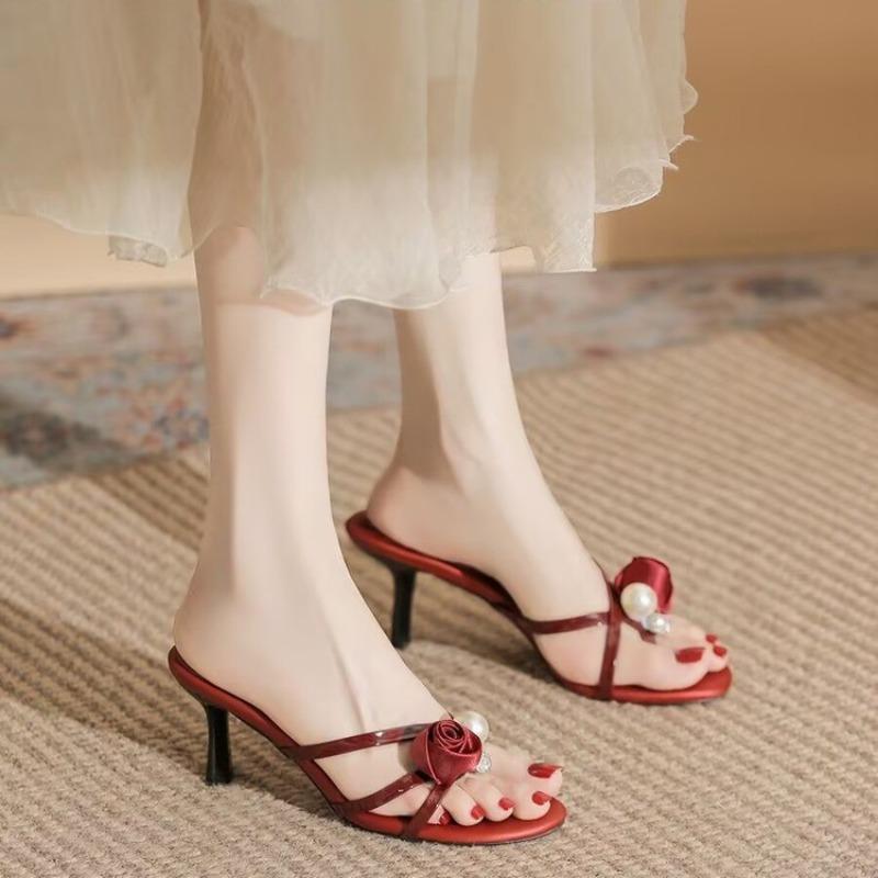 Fashion High-heeled Slippers, Thin Heels, 2025 Summer New Outerwear Flip-flops with Toe Clippers, Red Rose Sandals
