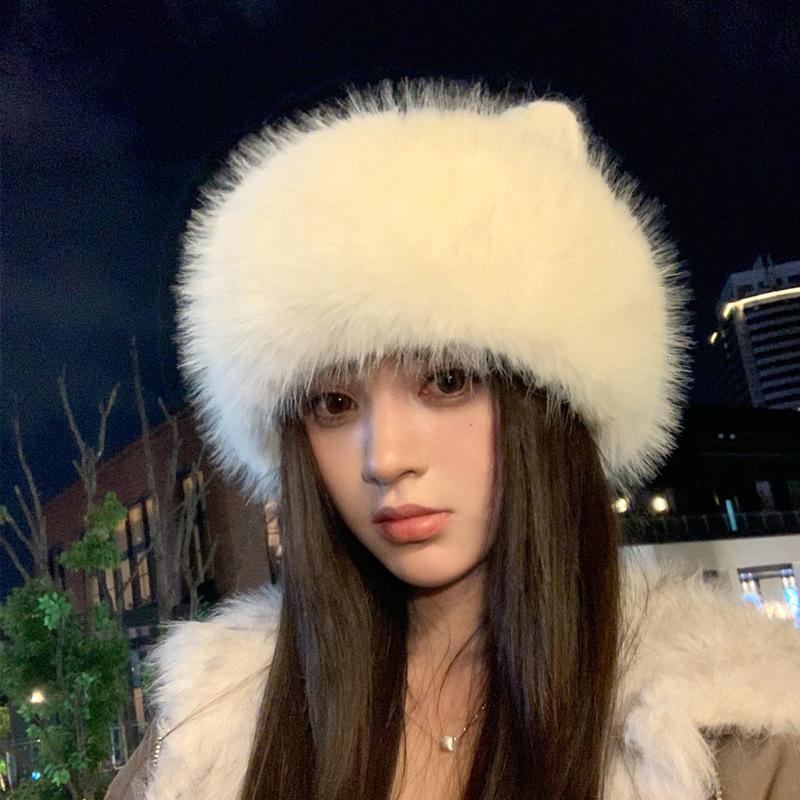 Rabbit Fur Knitted Hat Women'S Winter Cold-Proof And Warm Basin Hat Imitation Mink Ear Protection Cute Cat Ear Thickened Plush Mongolian Hat