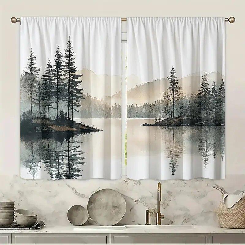 2 Stück - Vorhänge mit Aufdruck von Seelandschaftsmustern, Stangentaschenvorhänge, Heimdekoration, Raumdekoration