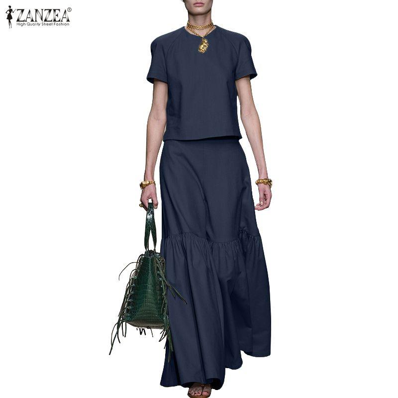 ZANZEA Women Short Sleeve Blouse and Long Skirts Summer Two Piece Suit Sets