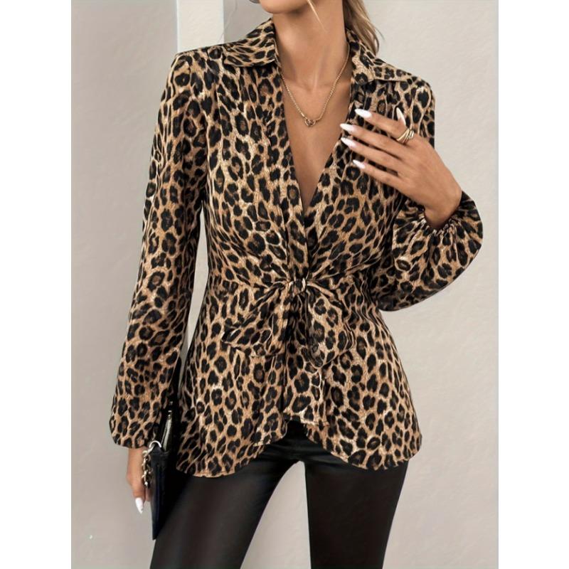 Elegant V-neck Leopard Print Bow Tie Lace Up Blouse Spring Autumn Women Basic Long Sleeved Shirt Simple Slim Fit Female Office New Casual Tops