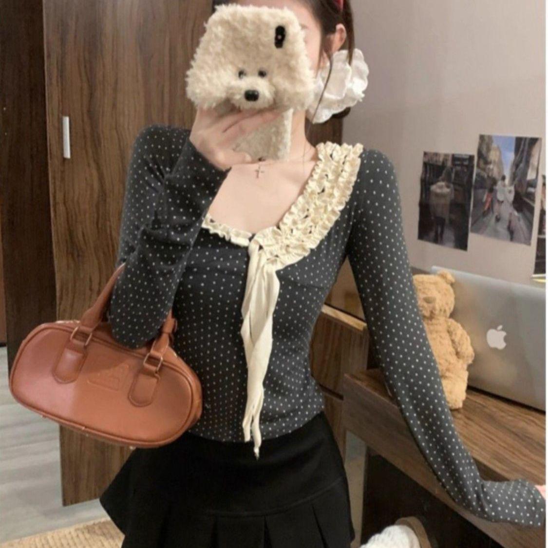 Women s 2025 Autumn/Winter Polka Dot Lace Patchwork Long Sleeve Slimming T-Shirt XL