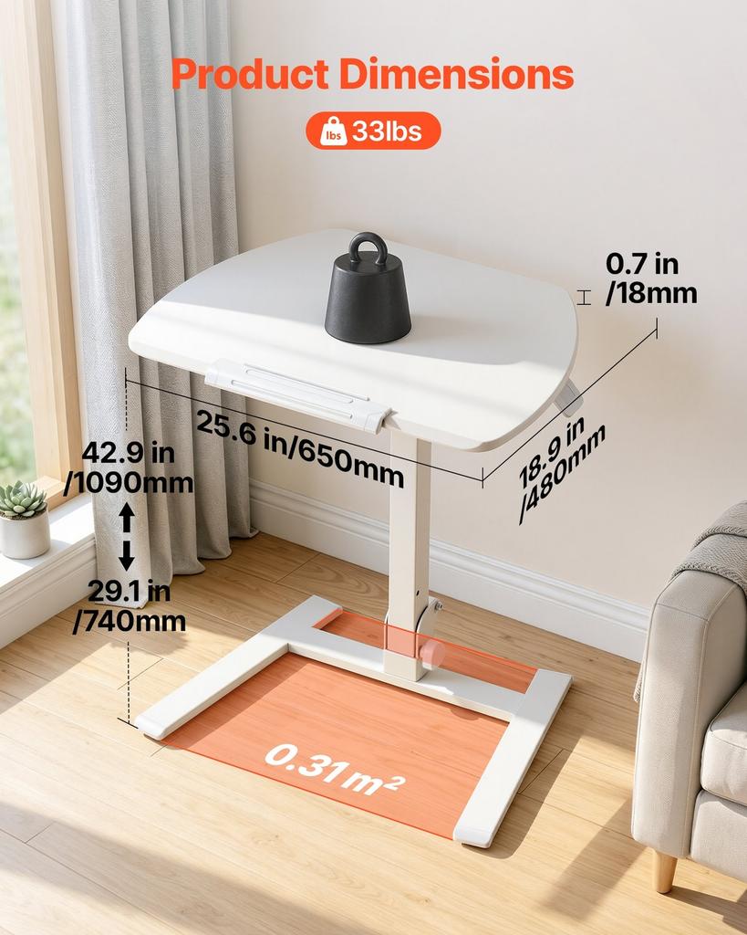 Standing Desk, Adjustable Height Mobile Stand Up Desk with Tilting Desktop, 650 x 480 mm Small Computer Sit Stand Workstation, 15 kg Capacity,
