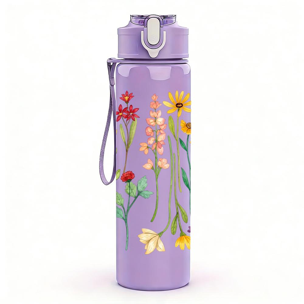 1PC Wildflower Meadow 750ml Color Plastic Sports Water Bottle Leakproof Flip Straw Lid Suitable for Sports Office Home Use
