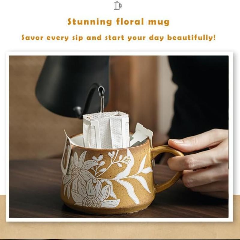 Stor keramisk kaffemugg 360ml, Söt kopp för kvinnor, Idealisk för te eller kaffe, Handmålad blommig design keramikmugg, 1 st