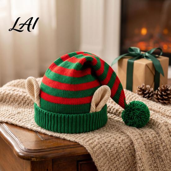 Comfortable Elastic Hat Christmas Elf Knitted Hat Ears And Fluffy Fur Ball Decor Soft Funny Cosplay Headwear Acrylic Striped Cap for Winter Festive
