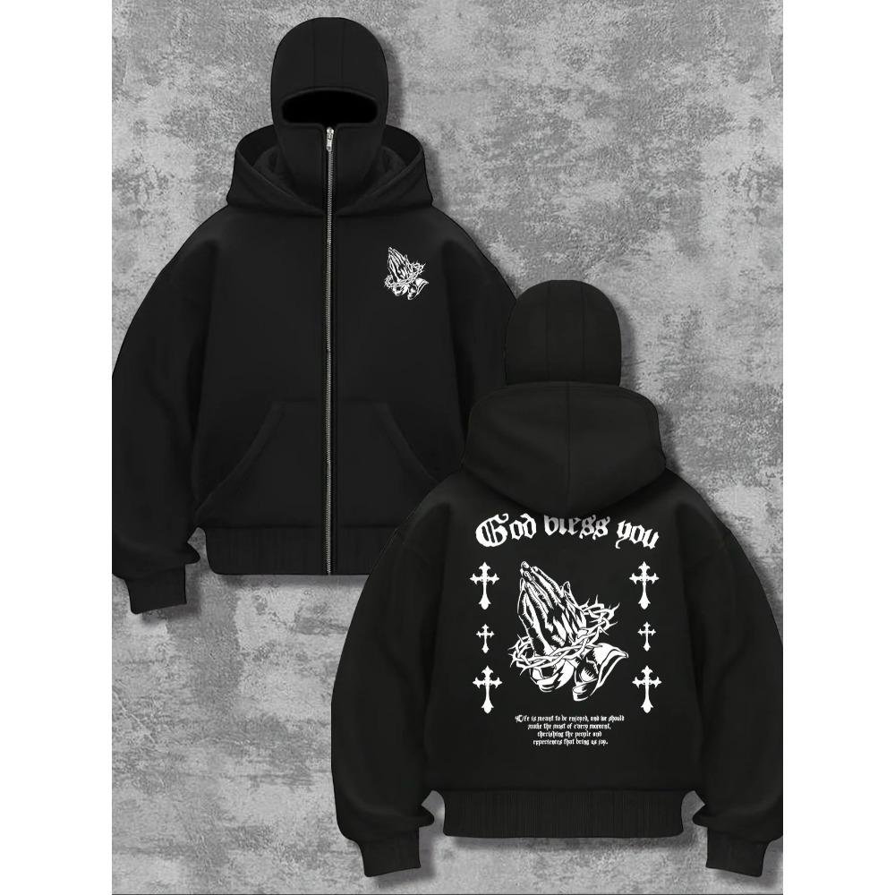 

Men s Gothic Style Printed Double Hat Sweatshirt Autumn and Winter Cardboard Zipper Shirt Comfortable Hoodie Jogging Fashion S