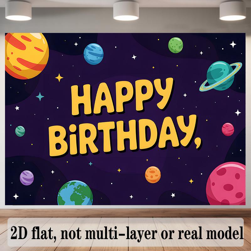 Space Theme Birthday Banner, Colorful Planets Stars Backdrop Wall Decor for Kids
