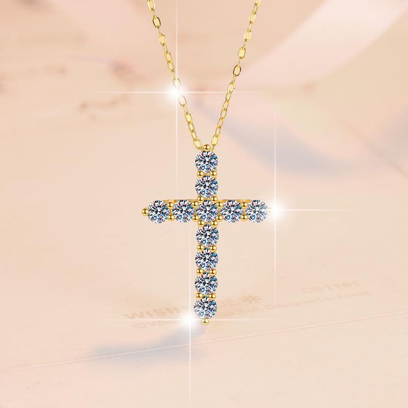 Women's Retro Moissanite Cross Pendant Necklace, S925 Sterling Silver Clavicle Chain