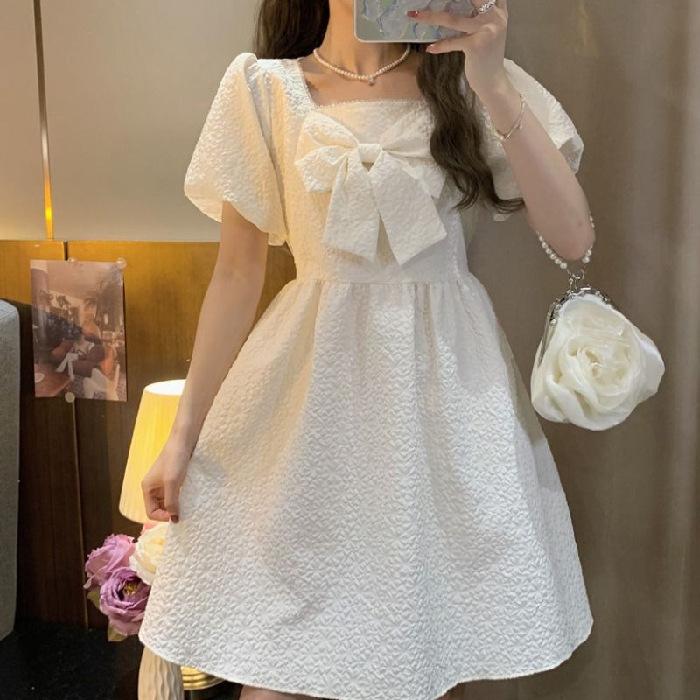 Summer French design sense niche sense square neck white bow dress fairy dress cake dress skirt women's clothing