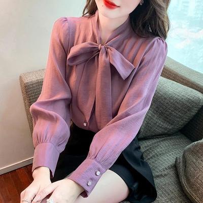 A Bow-knot Chiffon Long-sleeved Shirt for Women, A Versatile and Stylish Small Blouse for Autumn
