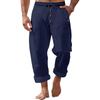 Men's Casual American Style Solid Linen Drawstring Button Straight Leg Pants for Spring and Autumn