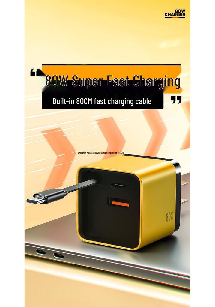 Dual-Port GaN Fast Charger with Retractable Cable for Apple, Huawei, Xiaomi