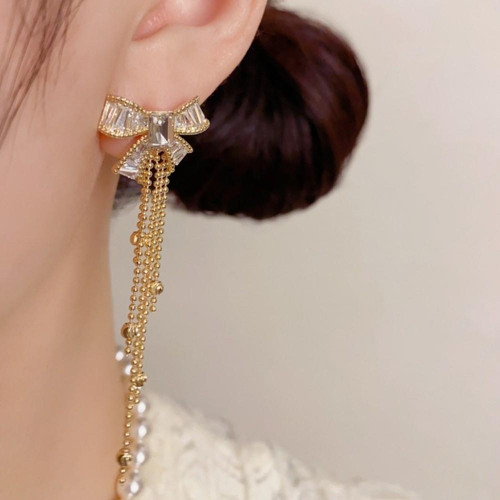 Fashion Long Tassel Butterfly Earrings Shiny Crystal Sweet Bowknot Tassel Earrings Zircon Drop Earrings Women Jewelry
