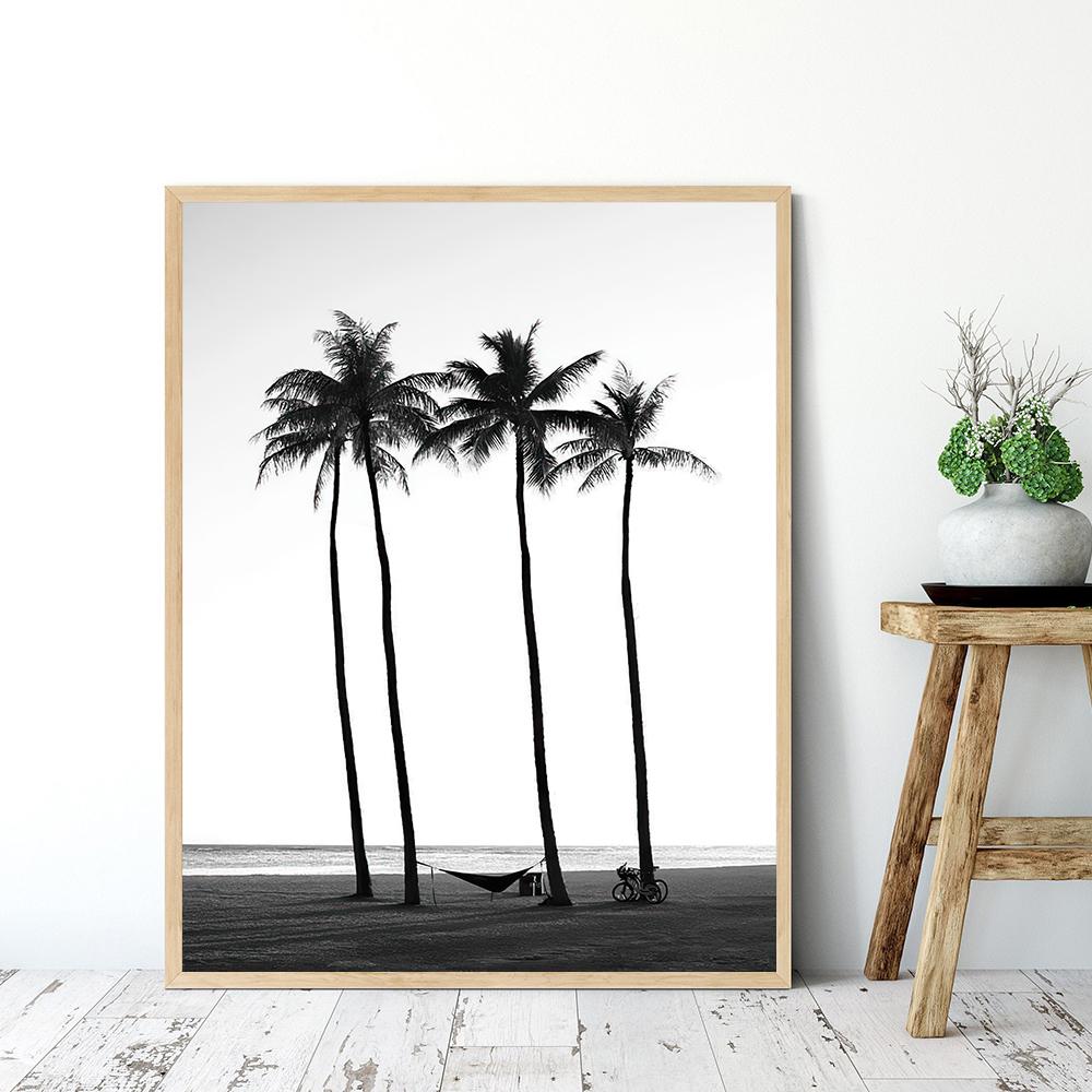 Black White Retro Camera Palms On Beach Wall Art Canvas Painting Nordic Posters And Prints Wall Pictures For Living Room Decor No Frame