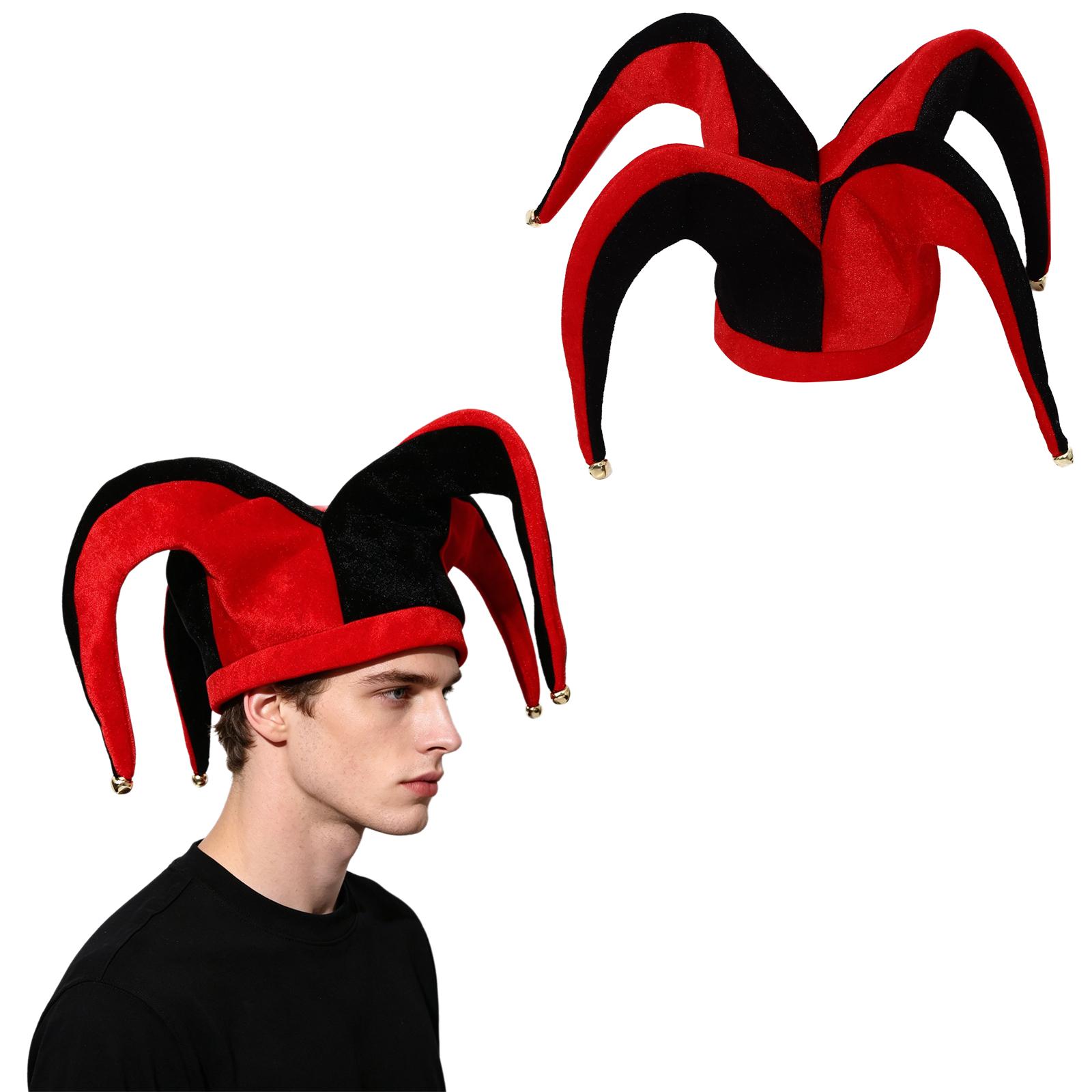 Unisex Erwachsene Männer Frauen Clown Kontrastfarbe Lustige Narrenmütze Kappe mit Glöckchen für Halloween Cosplay Karneval Mardi Gras Bühne One Size schwarz rot