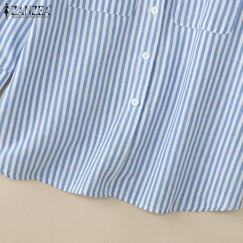 ZANZEA Women Turn Down Collar Loose Casual 3/4 Sleeve Stripe Blouse