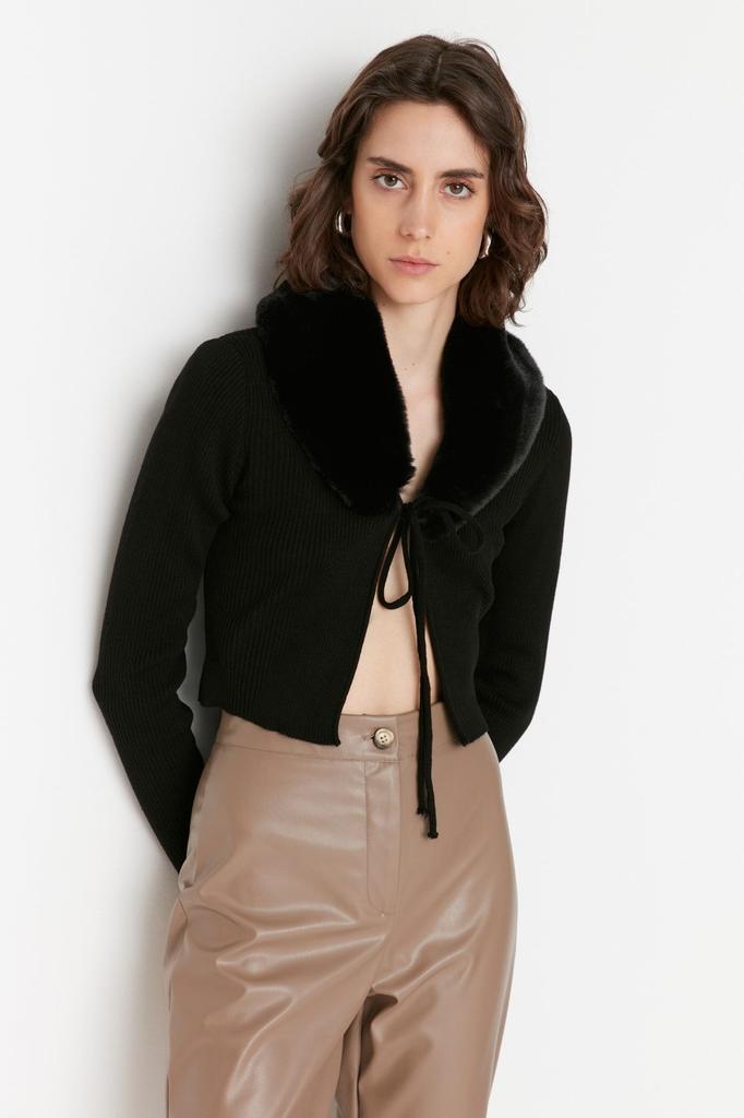 Women's Elegance Style Cardigan Mink Faux Fur Collar with Tie Detail Knitwear Cardigan