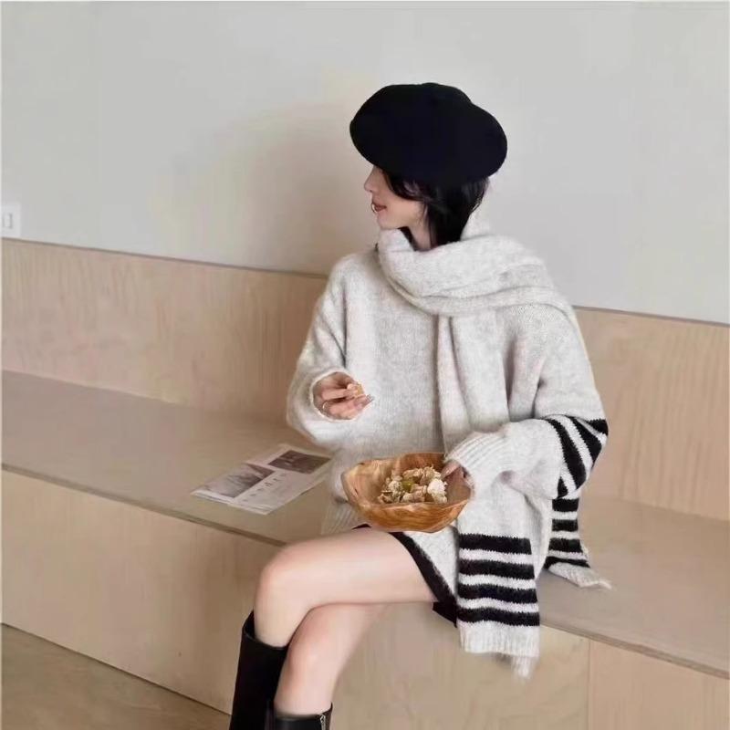 Autumn and Winter New Pullover Knitted Sweater Women's Retro Scarf Two-piece Set Loose Casual Knitted Sweater Women