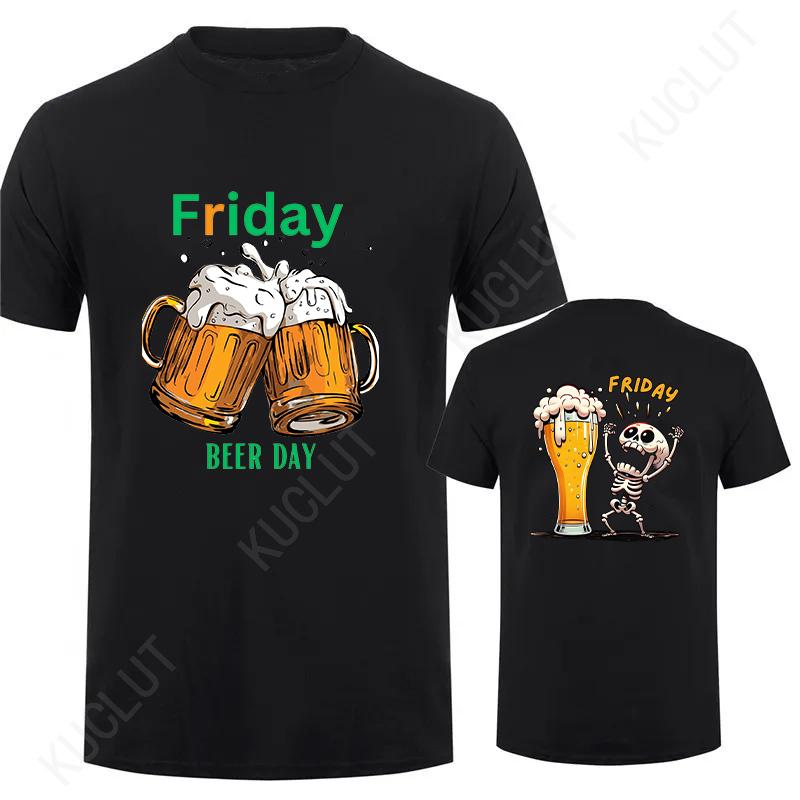 Fashion Skeleton Enjoying FRIDAY Beer Day Tees Back Print Men's T-Shirt Finally Friday for Drink Lover Male Oversized Clothing
