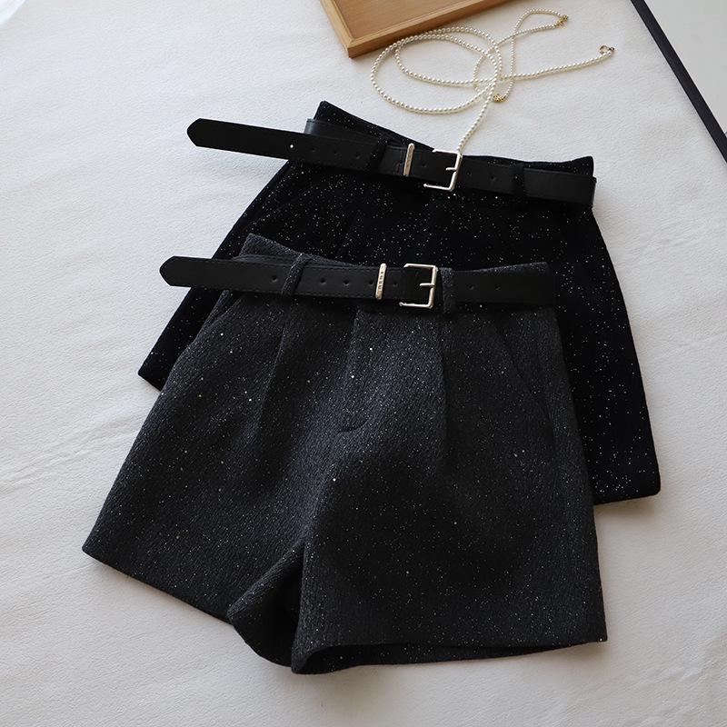 

Bi Zheng 2024 Winter High Waist Sequin Tweed A-line Shorts for Women XL чёрный