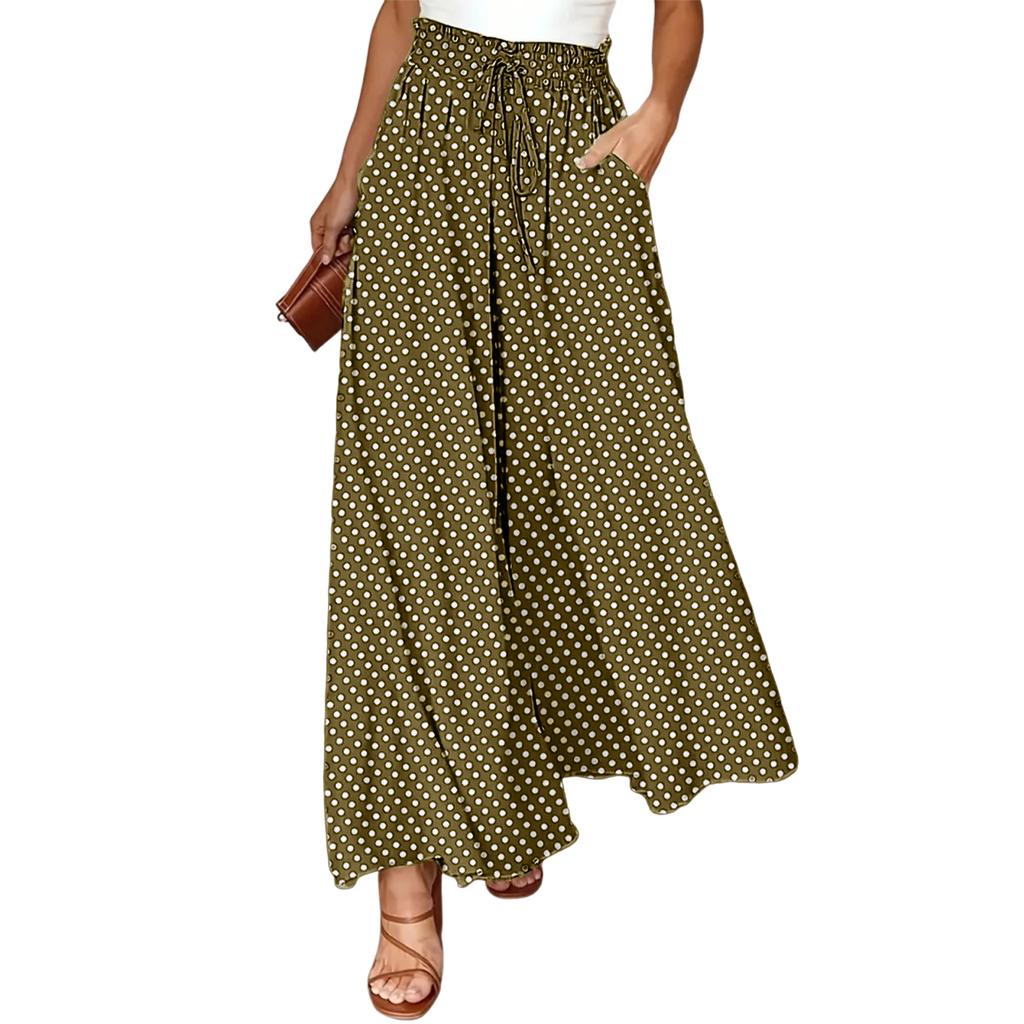 Women's Fashionable Bohemian Wide-leg Trousers With Elastic Waist And Polka Dot Print Long Skirt Pants
