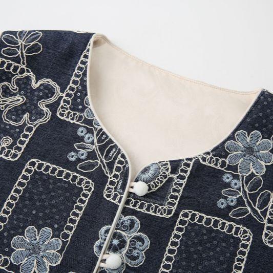 Blue and White Porcelain 2025 New Style Embroidered Vest Luxury Fashion Denim Blue Temperament Vest Women