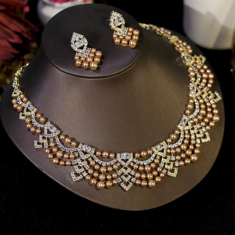 Luxury Crystal Zircon Circular Shape Golden Pearl Necklace Women Dubai Bridal Wedding Birthday Party Indian Jewelry Set Gift