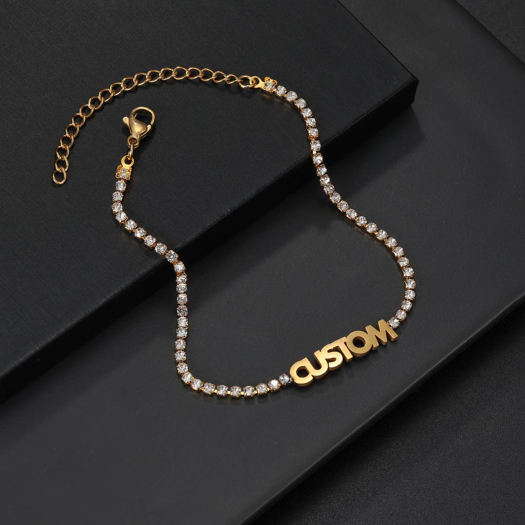 Atoztide Custom Name Necklace Bracelet Jewelry Set with Zircon Stone Chain Stainless Steel Nameplate Personalized Birthday Gift