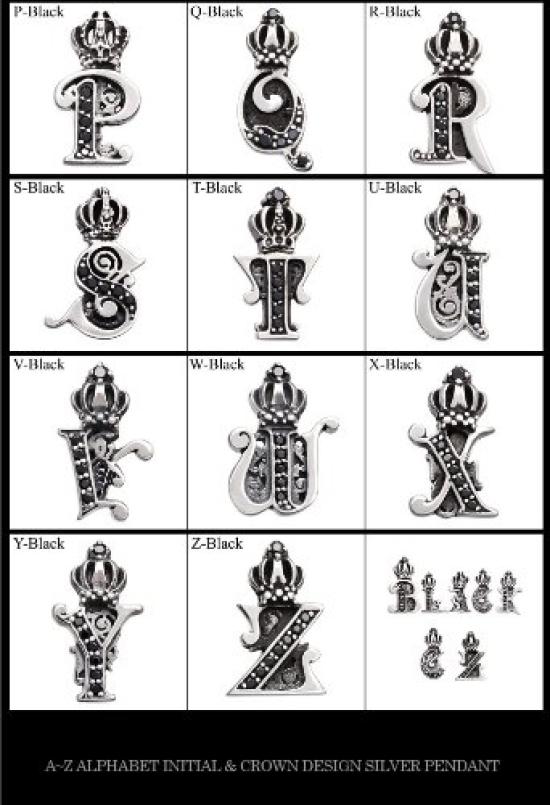 pe1922-black-Y [Brand: 2PIECES] Black Spinel Necklace with 45cm Initial, Silver Crown (Black-Y)