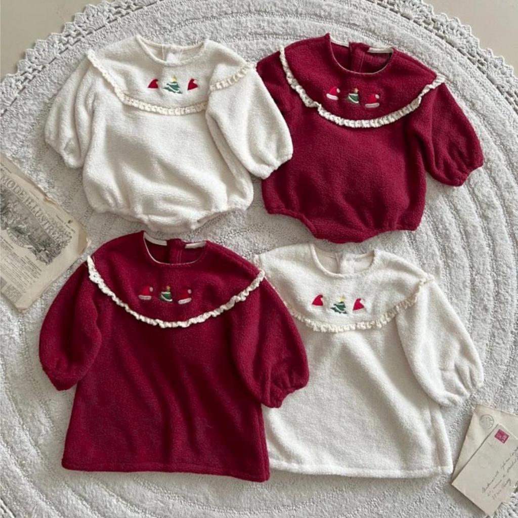 Baby Christmas Lace Collar Romper, Fleece-Lined Plush Crawling Suit