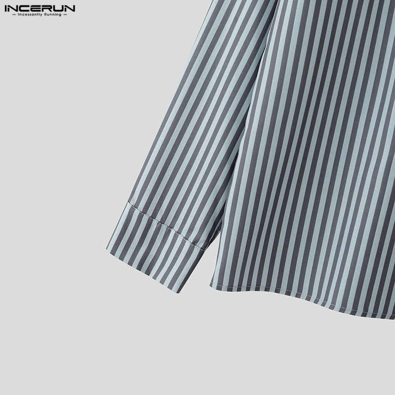 INCERUN Oversized Men Lapel Long Sleeve Striped Letter Print Casual Loose Tops T-Shirts