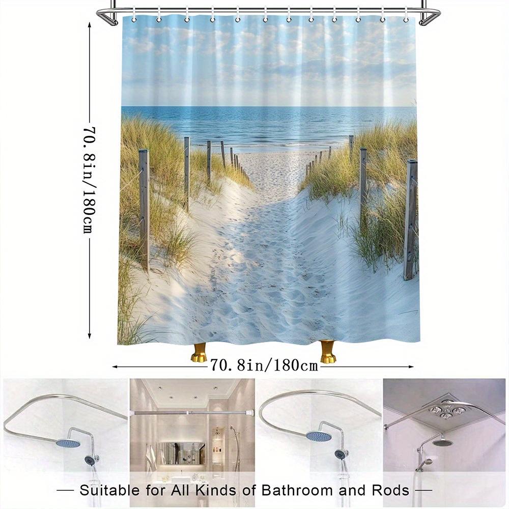 Tenda da Doccia Sentiero Sereno sulla Spiaggia - Sentiero Sabbioso, Oceano Calmo, Recinzione di Legno, Erba Dorata, Stagione Unica, Lavabile in Lavatrice