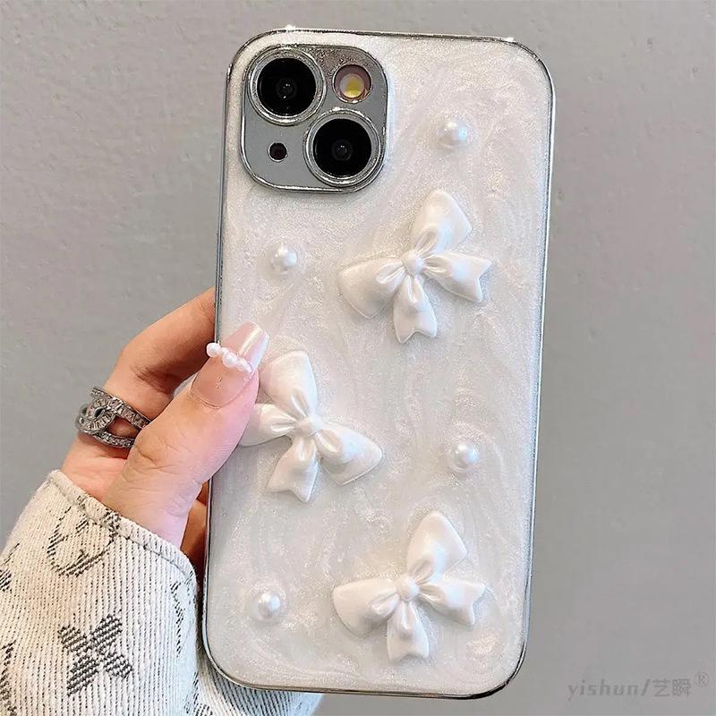 For IPhone 17 Promax Drop Glue Bow Pearl Phone Case for Apple 15 Plus Precision Hole 14 Anti Drop 16