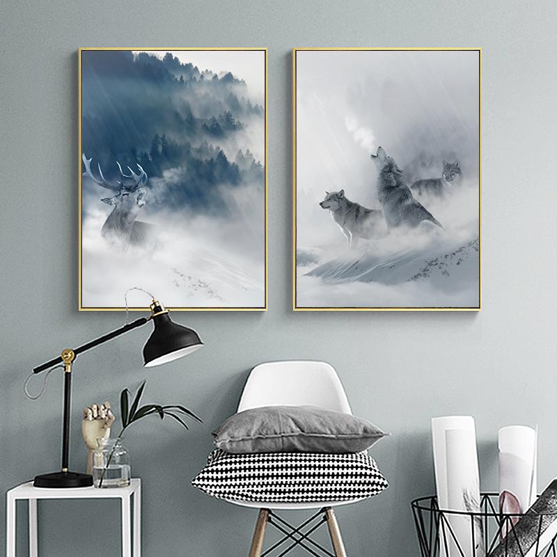 Nordic Black White Animal Poster Wolf Elk Wall Art Canvas Painting Forest Snow Mountain Print Picture for Living Room Home Decor