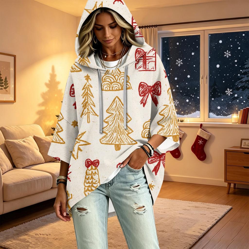 Women's Christmas Print Three-Quarter Sleeve Hooded Pullover Top