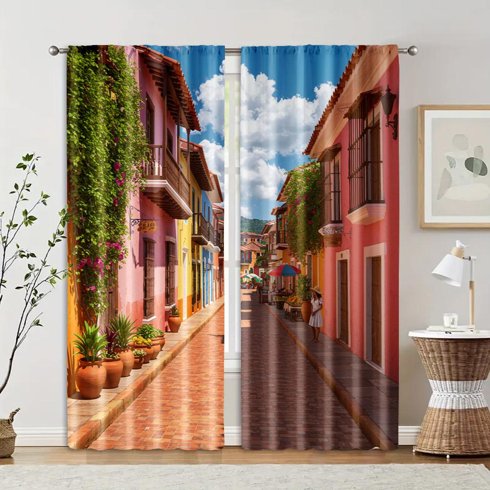 Vintage Scene Curtain Mexican Street View Protecting Privacy Holiday Decorations Use Various Room Decor Aesthetic Polyester