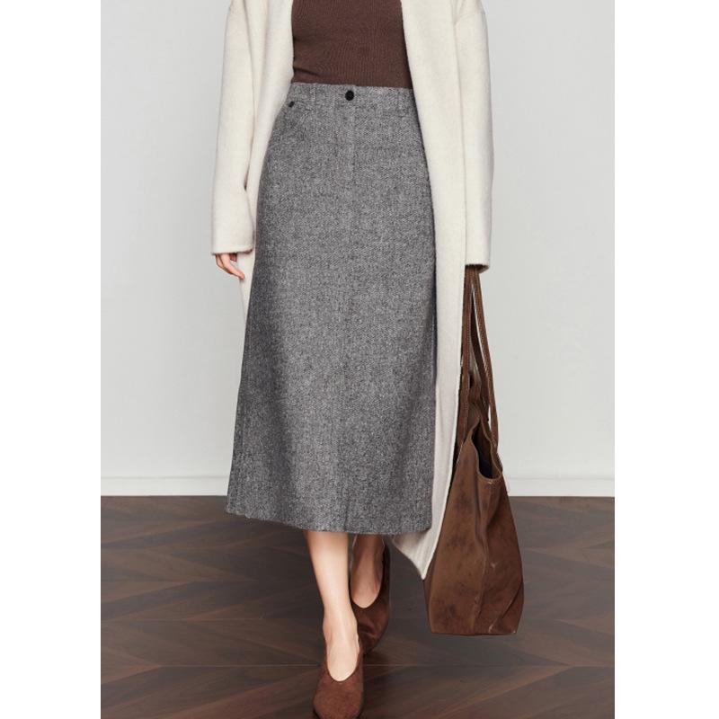 Woolen Half-Skirt: Women's 2025 Winter Brown-Gray Casual Slit Midi Skirt