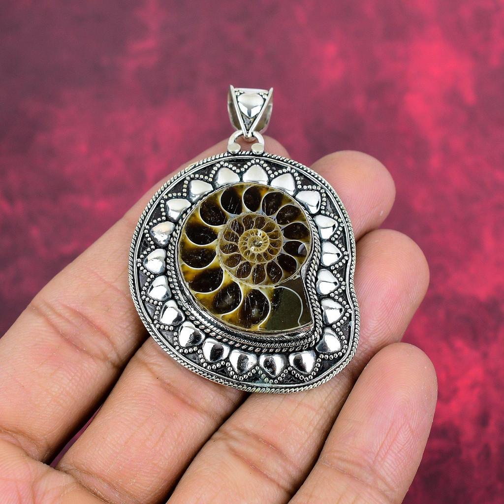 Ammonit Fossil 925 Sterling Silber Anhänger, handgefertigter Edelstein Schmuck Anhänger zum Gedenktag