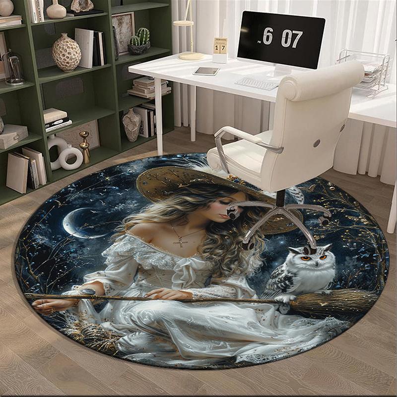 Witch Flying Through Starry Sky Round Carpet Chair Cushion Round Entryway Rug, Soft Round Rugs for Living Room, Bedroom, Circle Carpet Decor Gifts