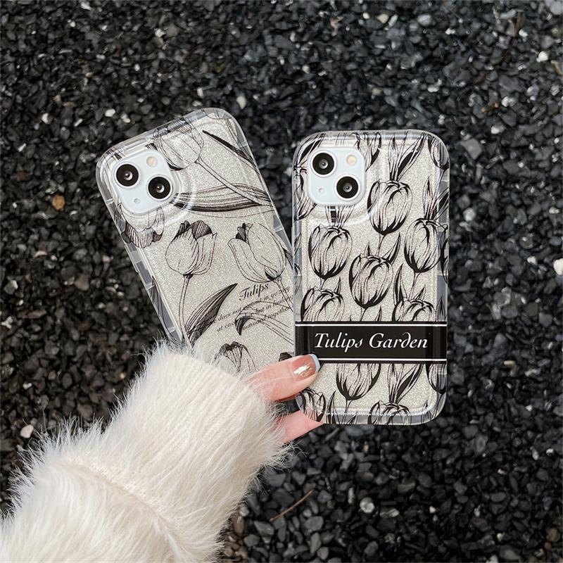 Husă de telefon cu sclipici pentru flori de lalele, linie drăguță coreeană, pentru Iphone 14 13 12 11 Pro Max, elegantă, moale, de protecție florală.