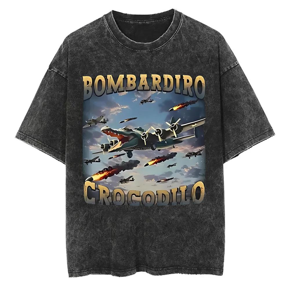 Yk Tshirt Men New In Top Tees Mens TShirt Vintage Washed Bombardiro Crocodilo T Shirt Funny Plane Bomber Crocodile Meme
