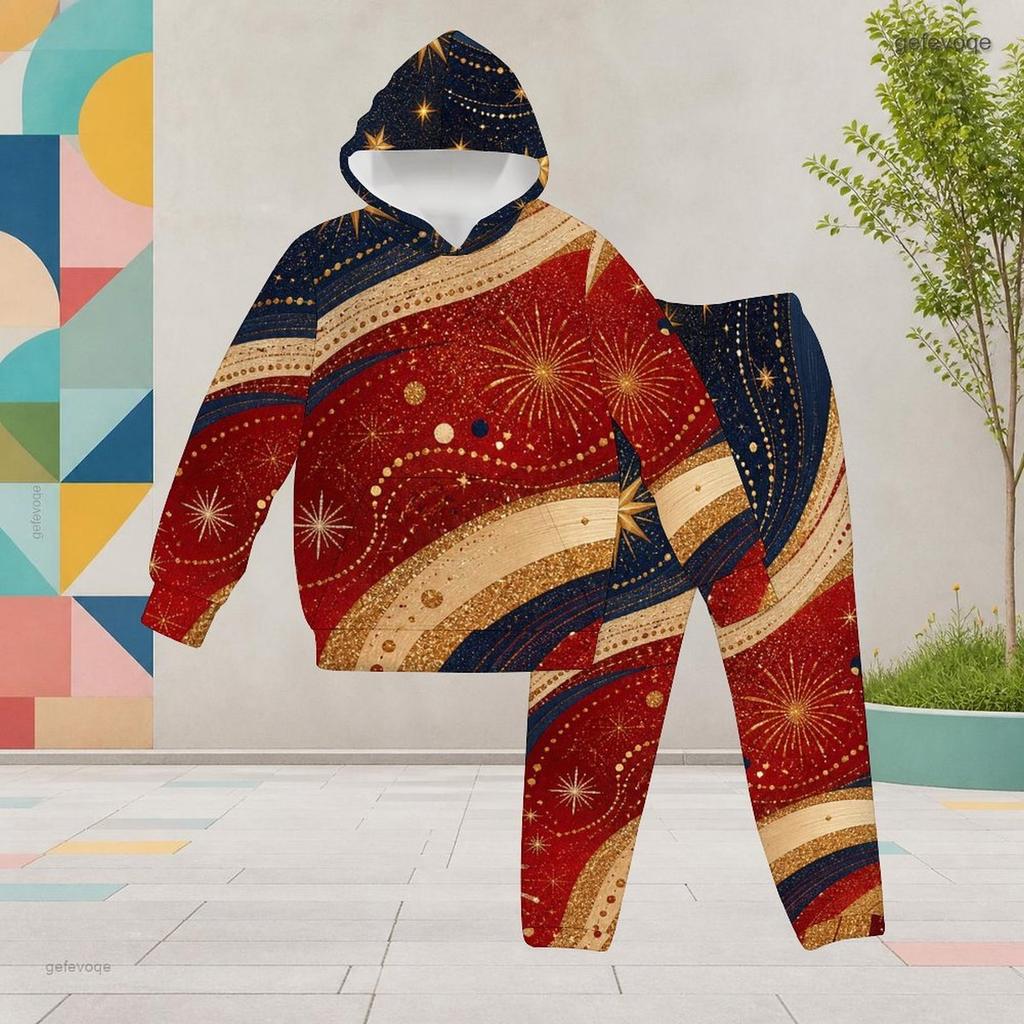Girls White Printed Hooded Long Sleeve 2 Piece Outfit Kangaroo Pocket Cuffed Pants Set