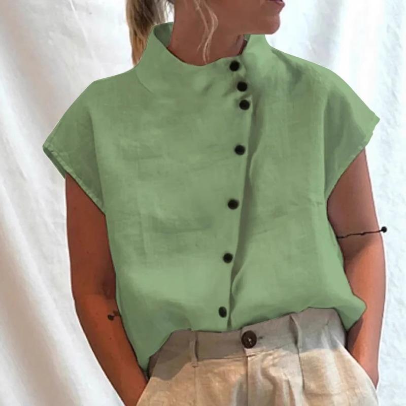 Chemise Décontractée Confortable à Manches Courtes pour Femme avec Col Montant et Boutons