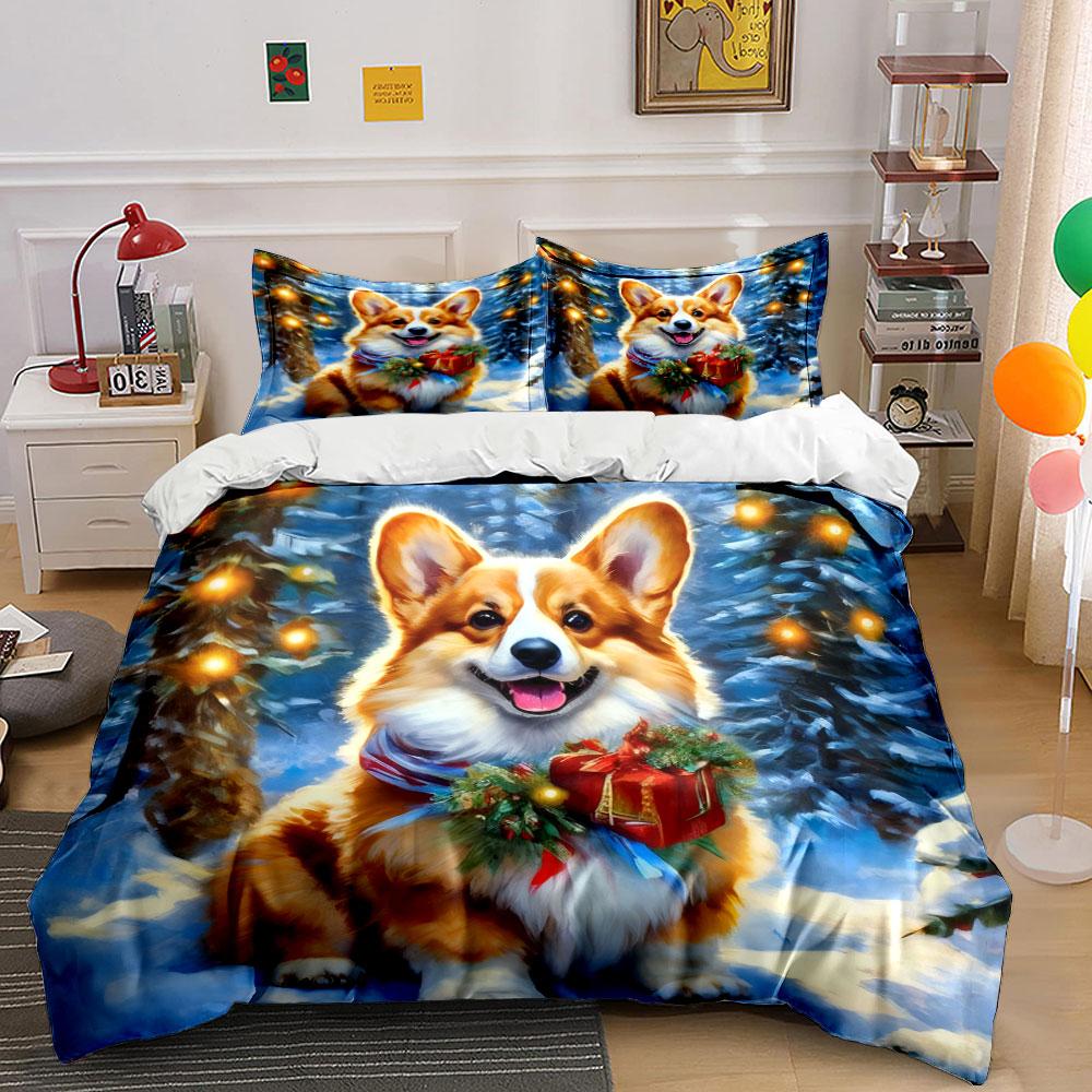 Festive Corgi in Snow Scene Bedding Duvet Cover Set (1*Duvet Cover 2*Pillowcases, without duvet insert)