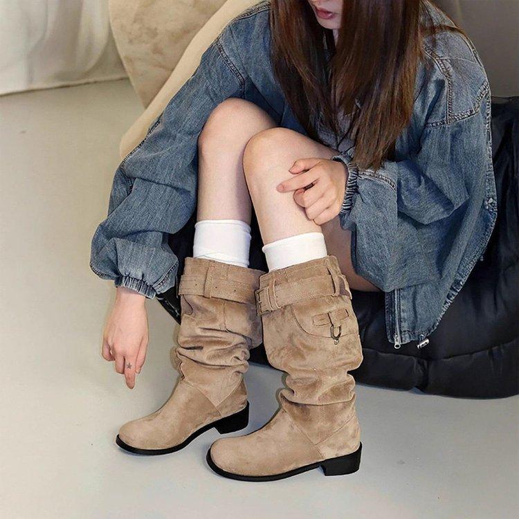 Maillard Boots Children 2025 New Thick Heel Round Head Thin Tall Knight Boots Retro Pleated Stacking Boots