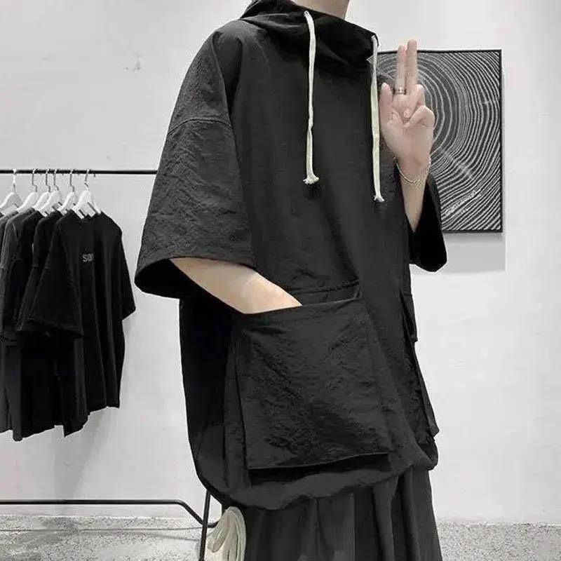 Summer and Autumn Hooded Short-sleeved T-shirt Men's Korean Version Half-sleeved Sweater Men's All-match Student Loose Hooded 5-point Sleeve Top